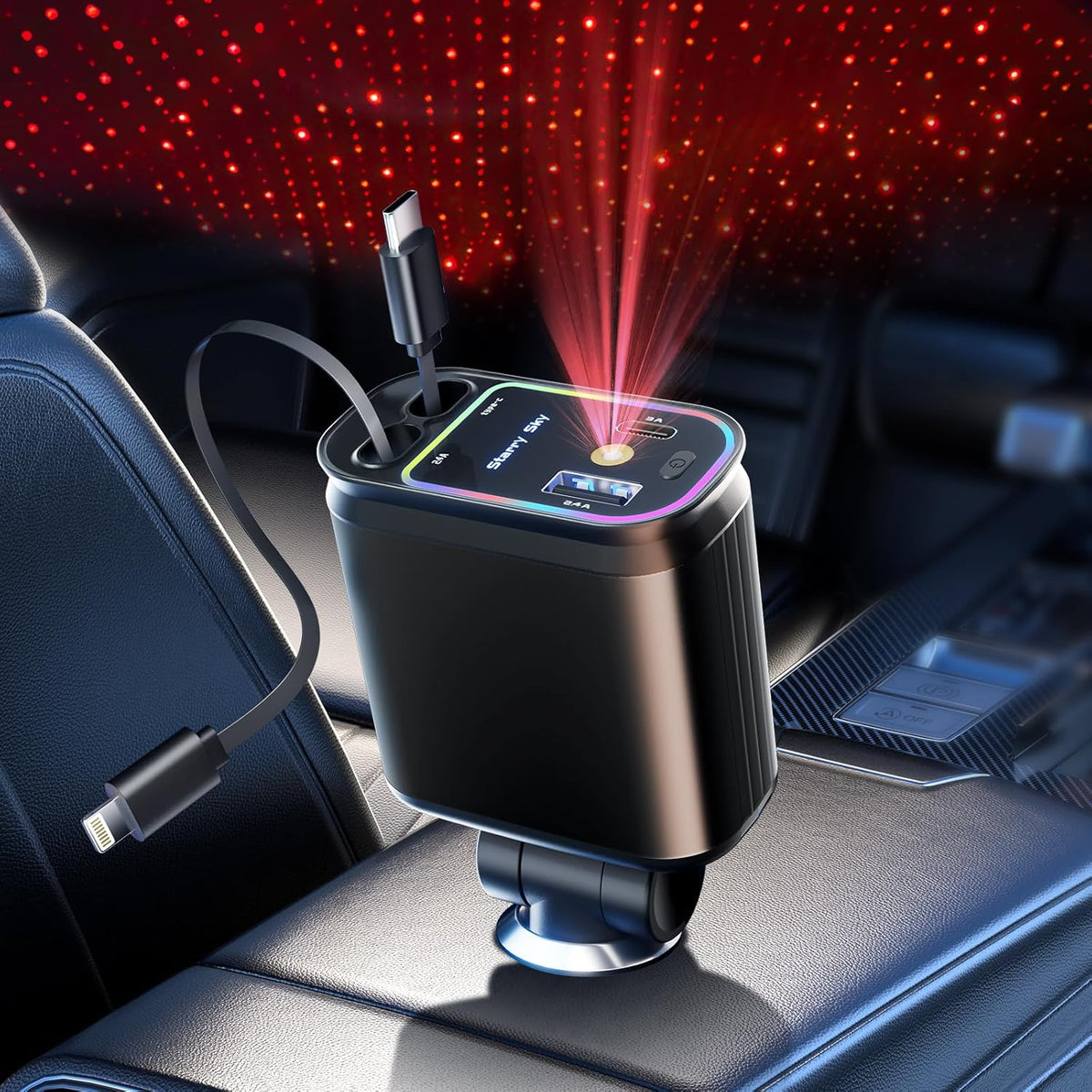 4-In-1 Retractable Car Charger with Star Projection Night Light