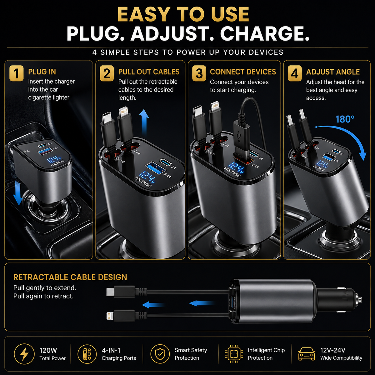 120W 4-In-1 Retractable Car Charger With Built-In Type-C & Lightning Cables