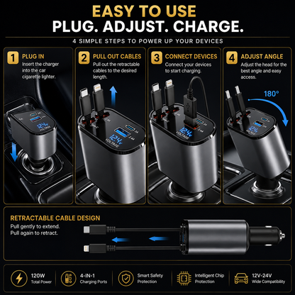 120W 4-In-1 Retractable Car Charger With Built-In Type-C & Lightning Cables