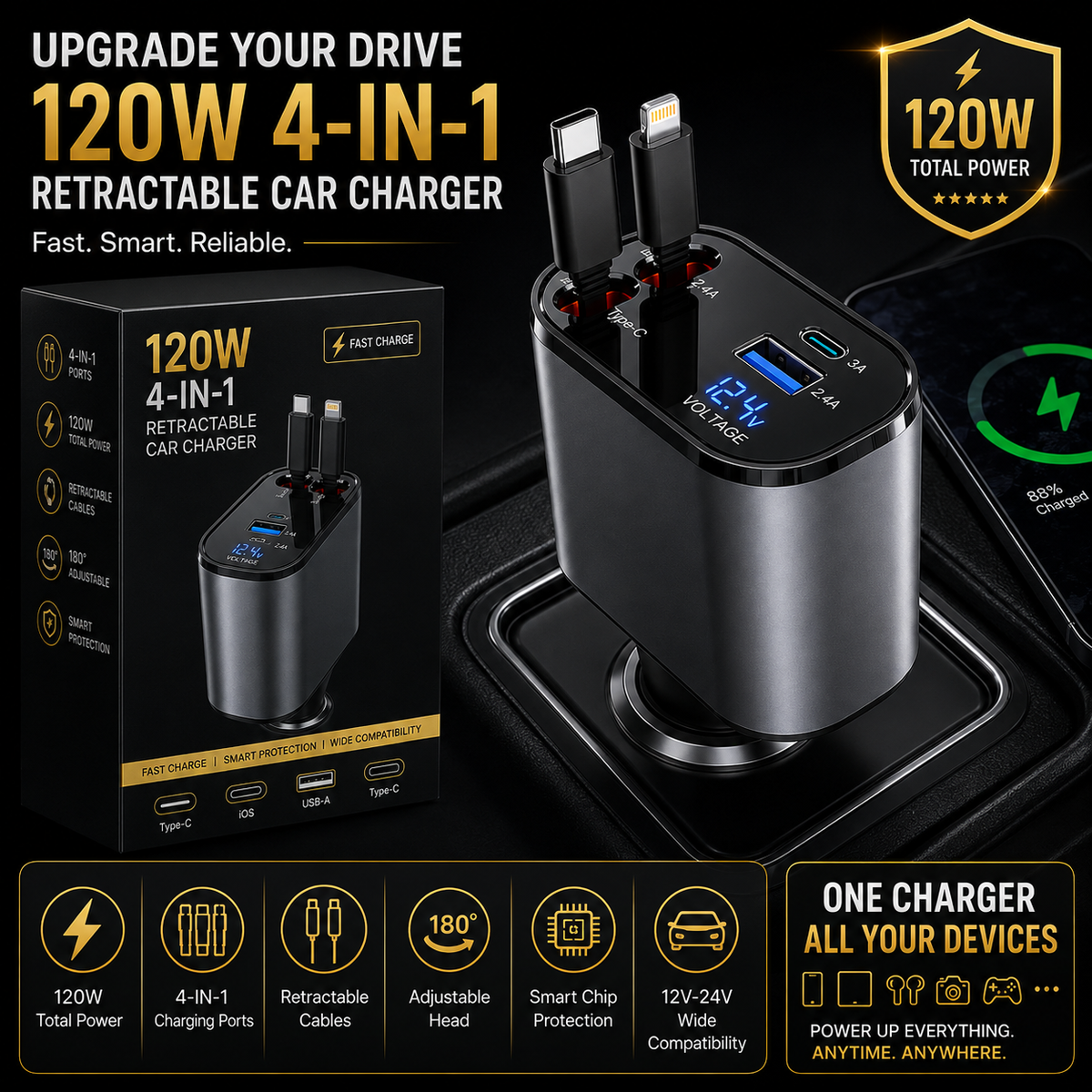 120W 4-In-1 Retractable Car Charger With Built-In Type-C & Lightning Cables