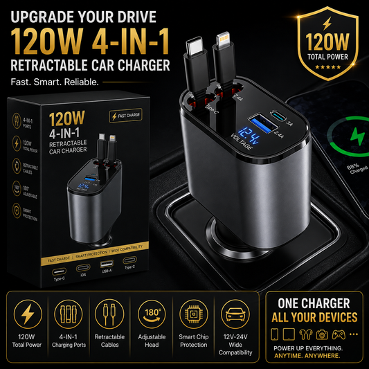 120W 4-In-1 Retractable Car Charger With Built-In Type-C & Lightning Cables