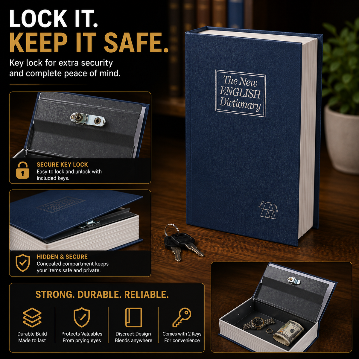 Dictionary Hidden Safe Box — Diversion Book Safe With Key Lock For Cash, Jewelry & Documents