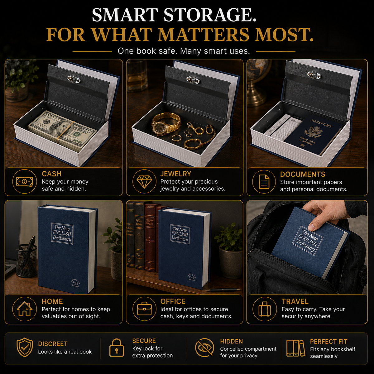 Dictionary Hidden Safe Box — Diversion Book Safe With Key Lock For Cash, Jewelry & Documents
