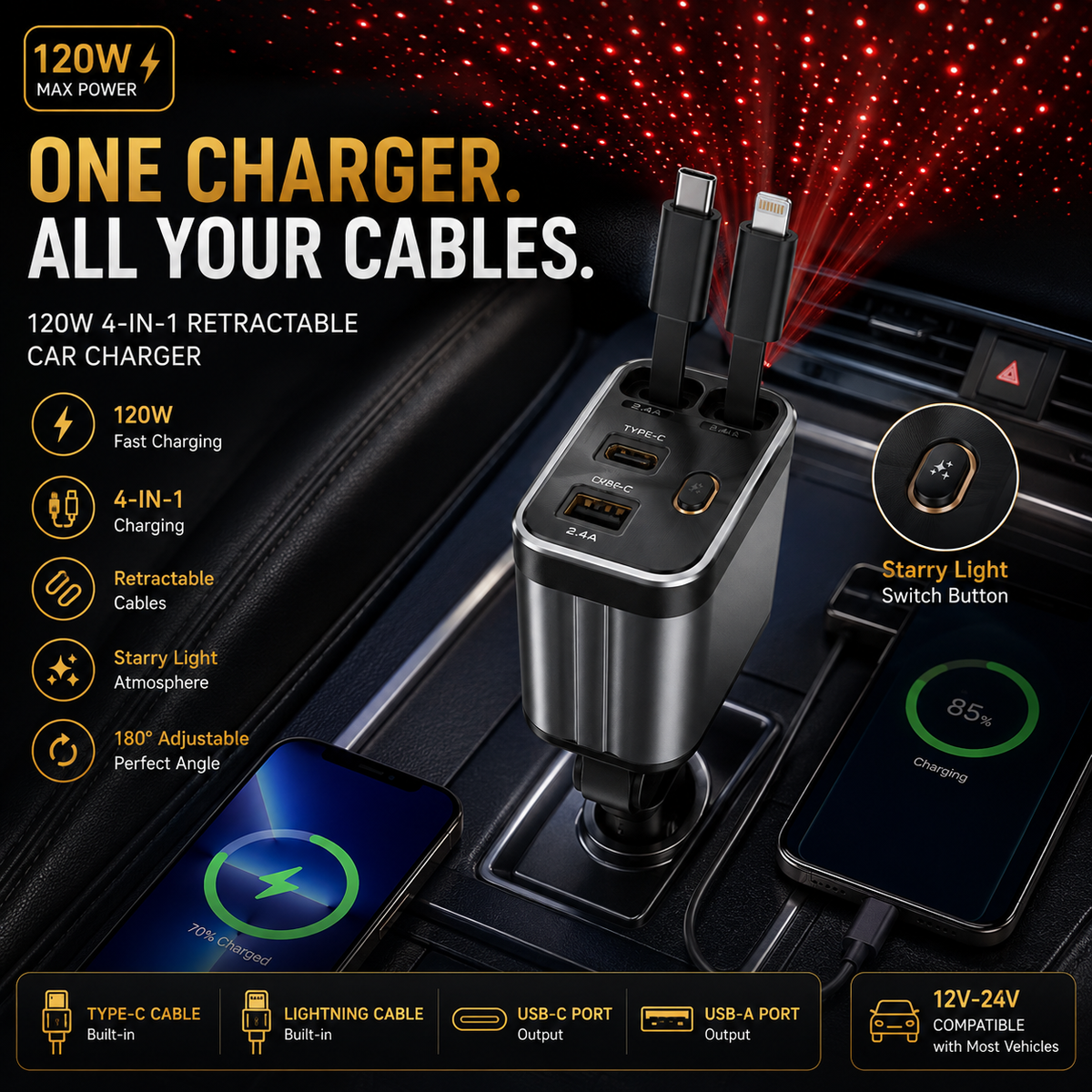 4-In-1 Retractable Car Charger with Star Projection Night Light