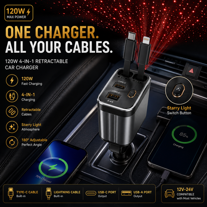 4-In-1 Retractable Car Charger with Star Projection Night Light