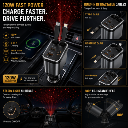 4-In-1 Retractable Car Charger with Star Projection Night Light
