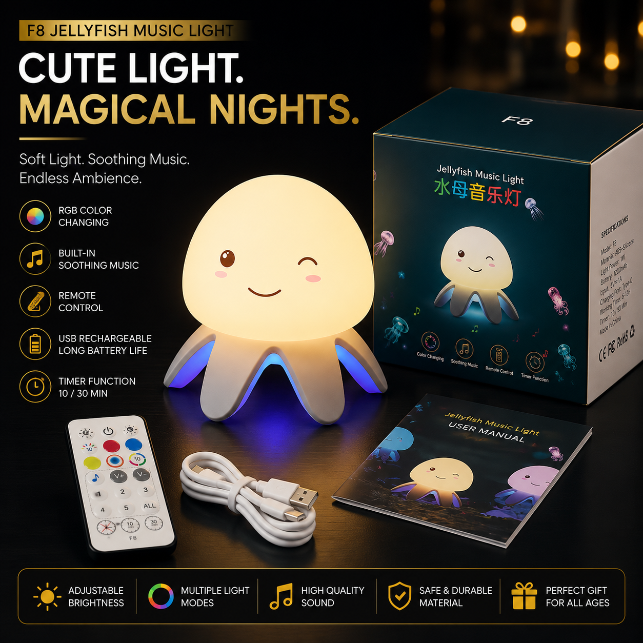 Jellyfish RGB Music Night Light Built-In Music & Sleep Time