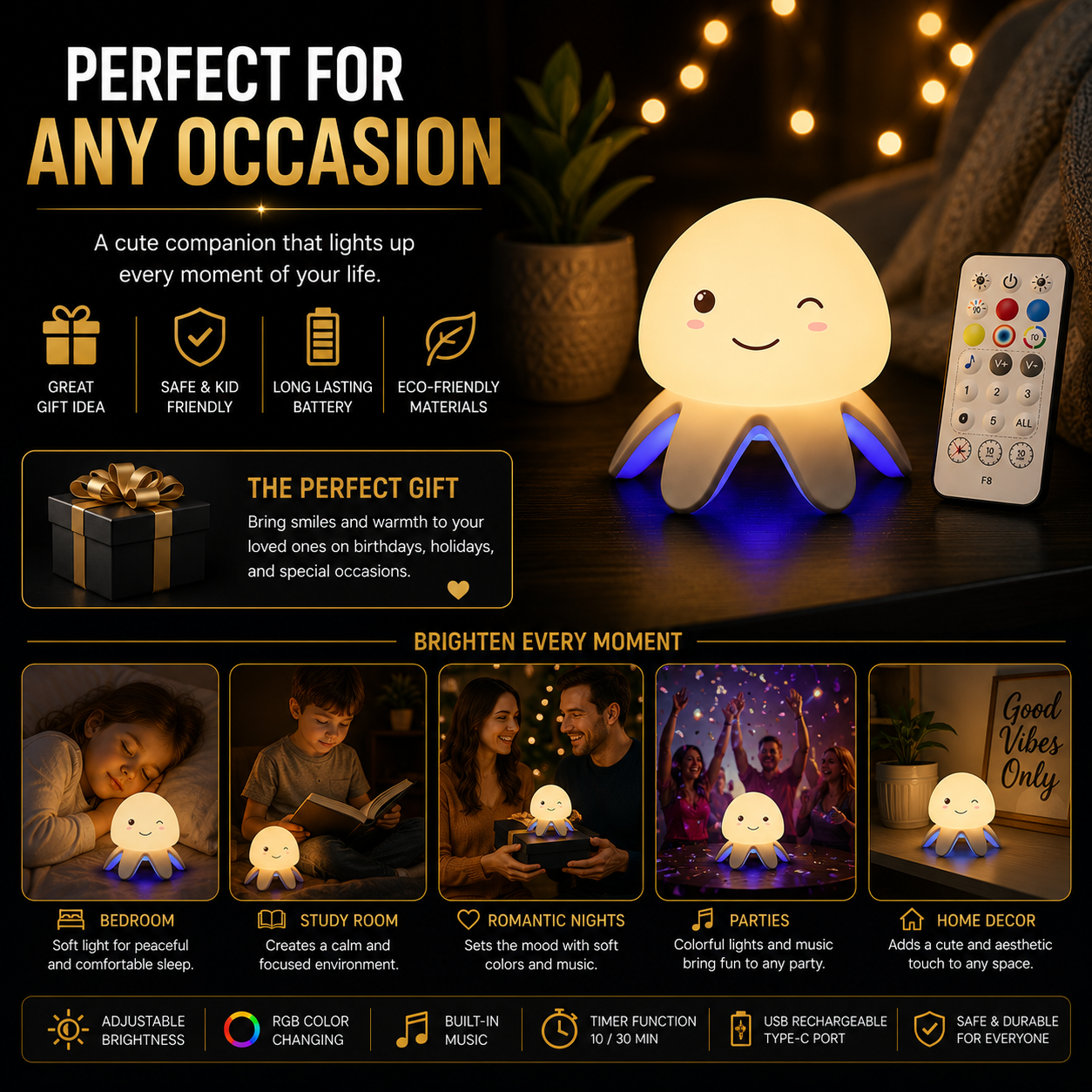 Jellyfish RGB Music Night Light Built-In Music & Sleep Time