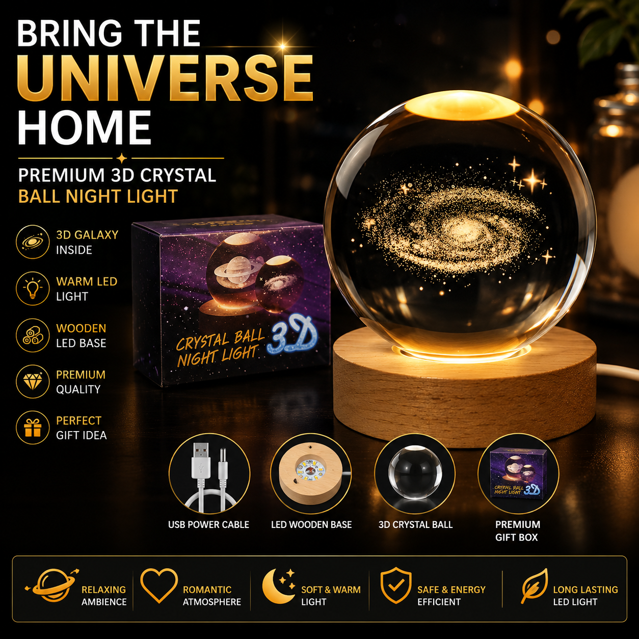 3D Galaxy Crystal Ball Night Light With Wooden LED Touch Base