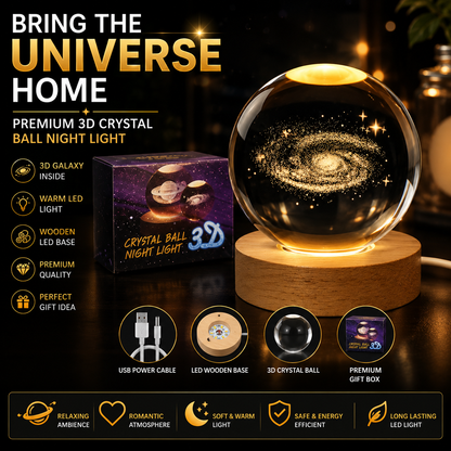 3D Galaxy Crystal Ball Night Light With Wooden LED Touch Base