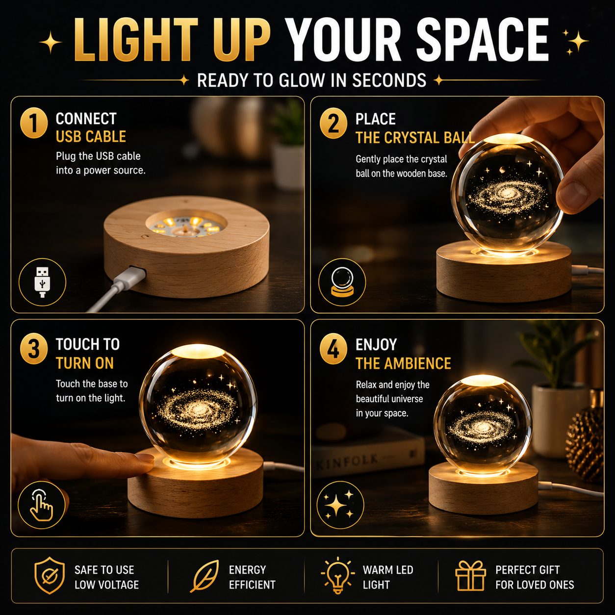 3D Galaxy Crystal Ball Night Light With Wooden LED Touch Base