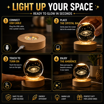 3D Galaxy Crystal Ball Night Light With Wooden LED Touch Base
