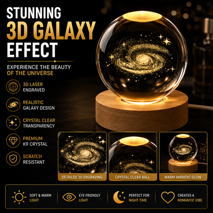 3D Galaxy Crystal Ball Night Light With Wooden LED Touch Base