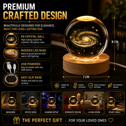 3D Galaxy Crystal Ball Night Light With Wooden LED Touch Base