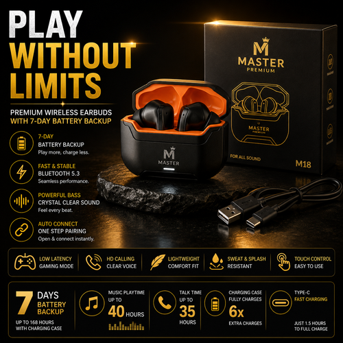 Master M18 Wireless Earbuds — Bluetooth 5.3 TWS With 7-Day Battery Backup