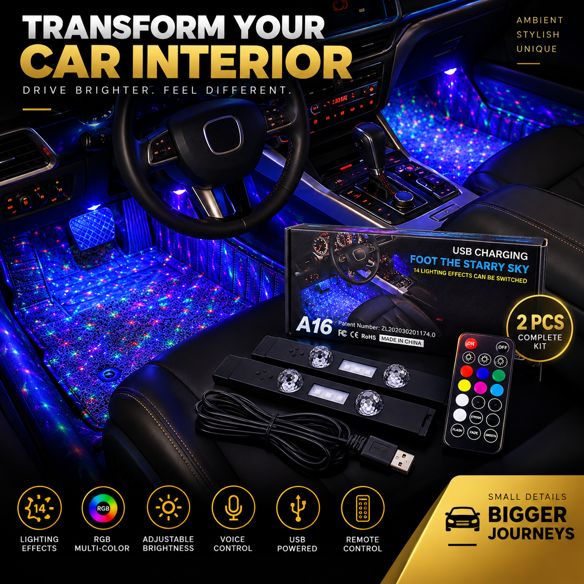 2PCS Car Wireless USB Charging Interior RGB LED Ambient Foot Light Strip Remote