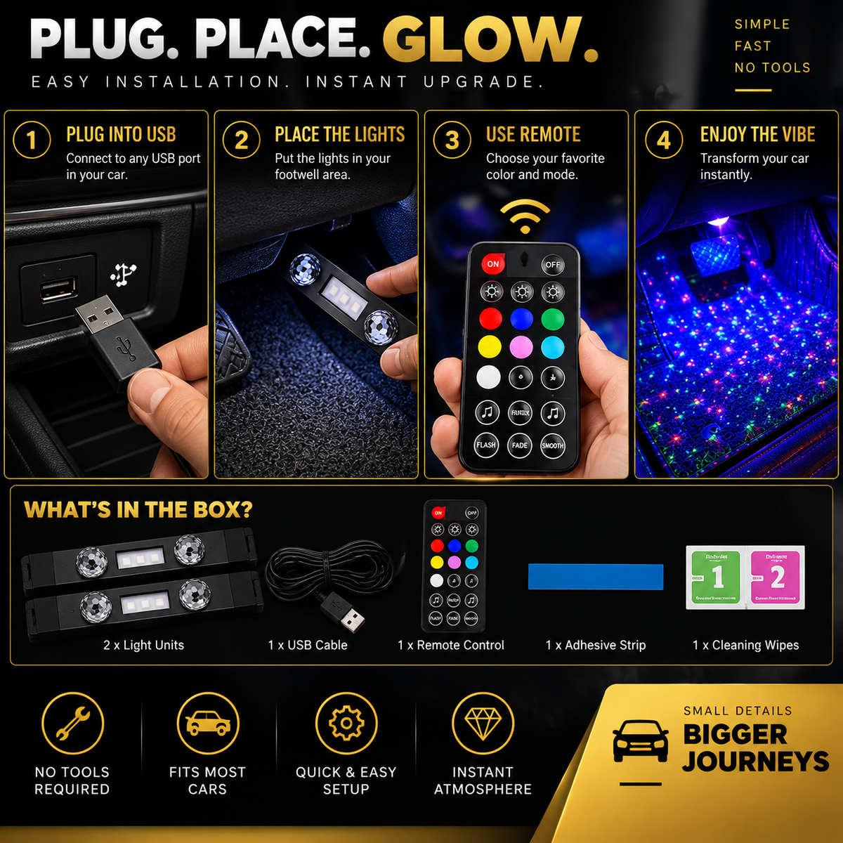 2PCS Car Wireless USB Charging Interior RGB LED Ambient Foot Light Strip Remote