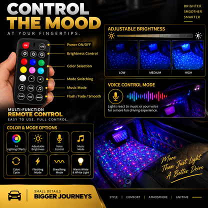 2PCS Car Wireless USB Charging Interior RGB LED Ambient Foot Light Strip Remote