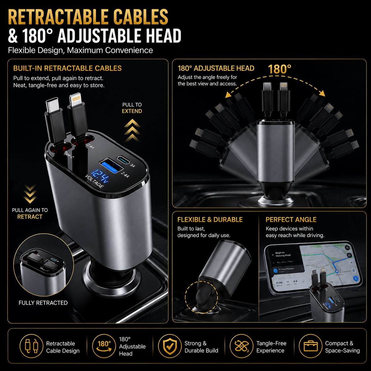120W 4-In-1 Retractable Car Charger With Built-In Type-C & Lightning Cables