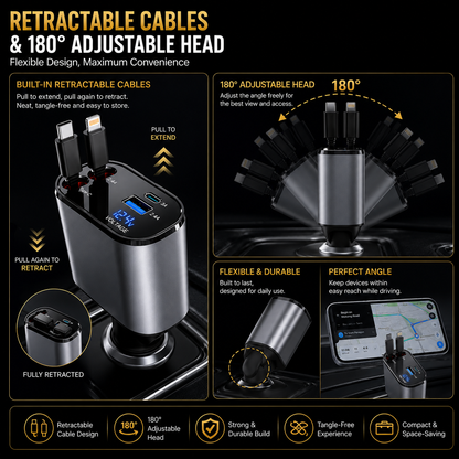 120W 4-In-1 Retractable Car Charger With Built-In Type-C & Lightning Cables