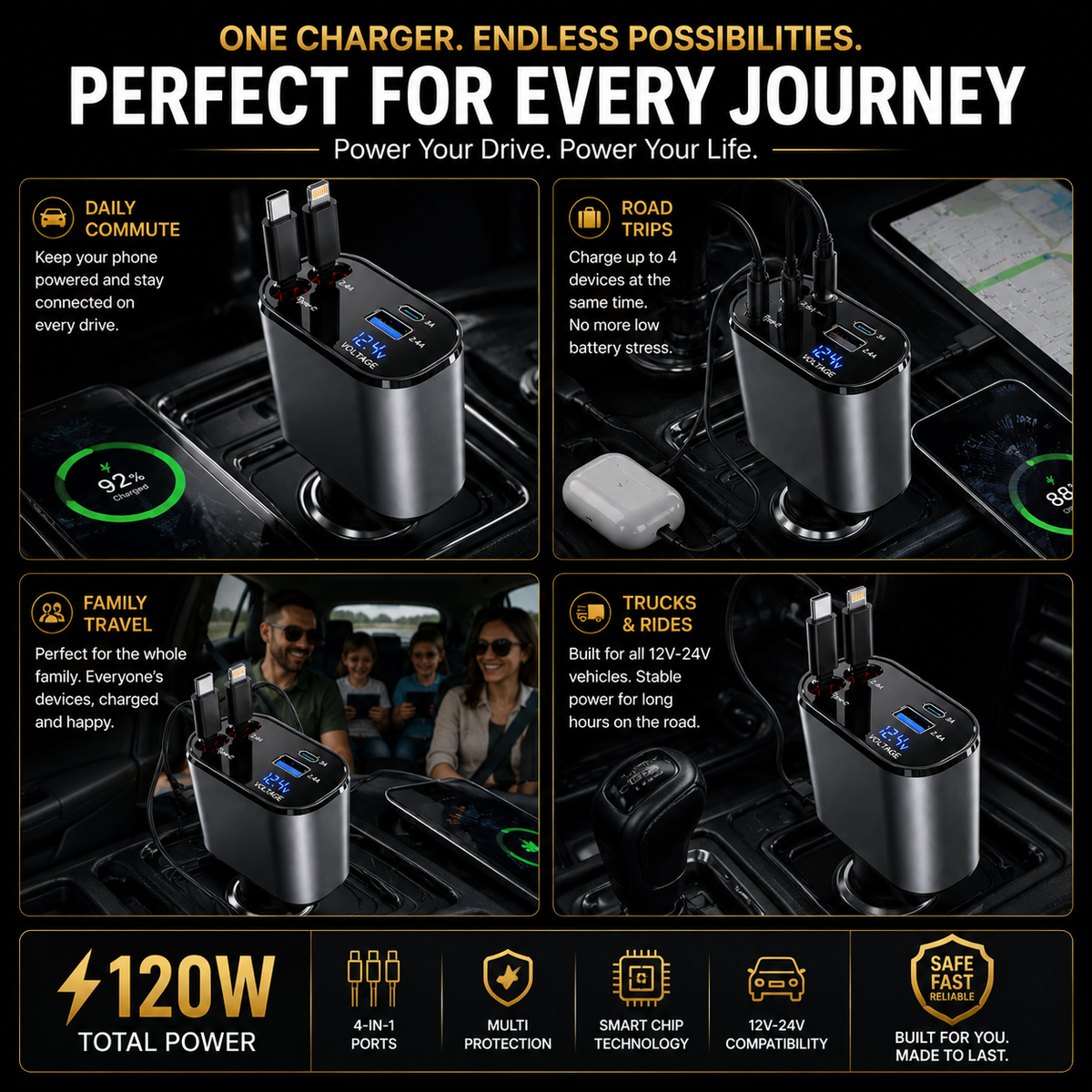 120W 4-In-1 Retractable Car Charger With Built-In Type-C & Lightning Cables